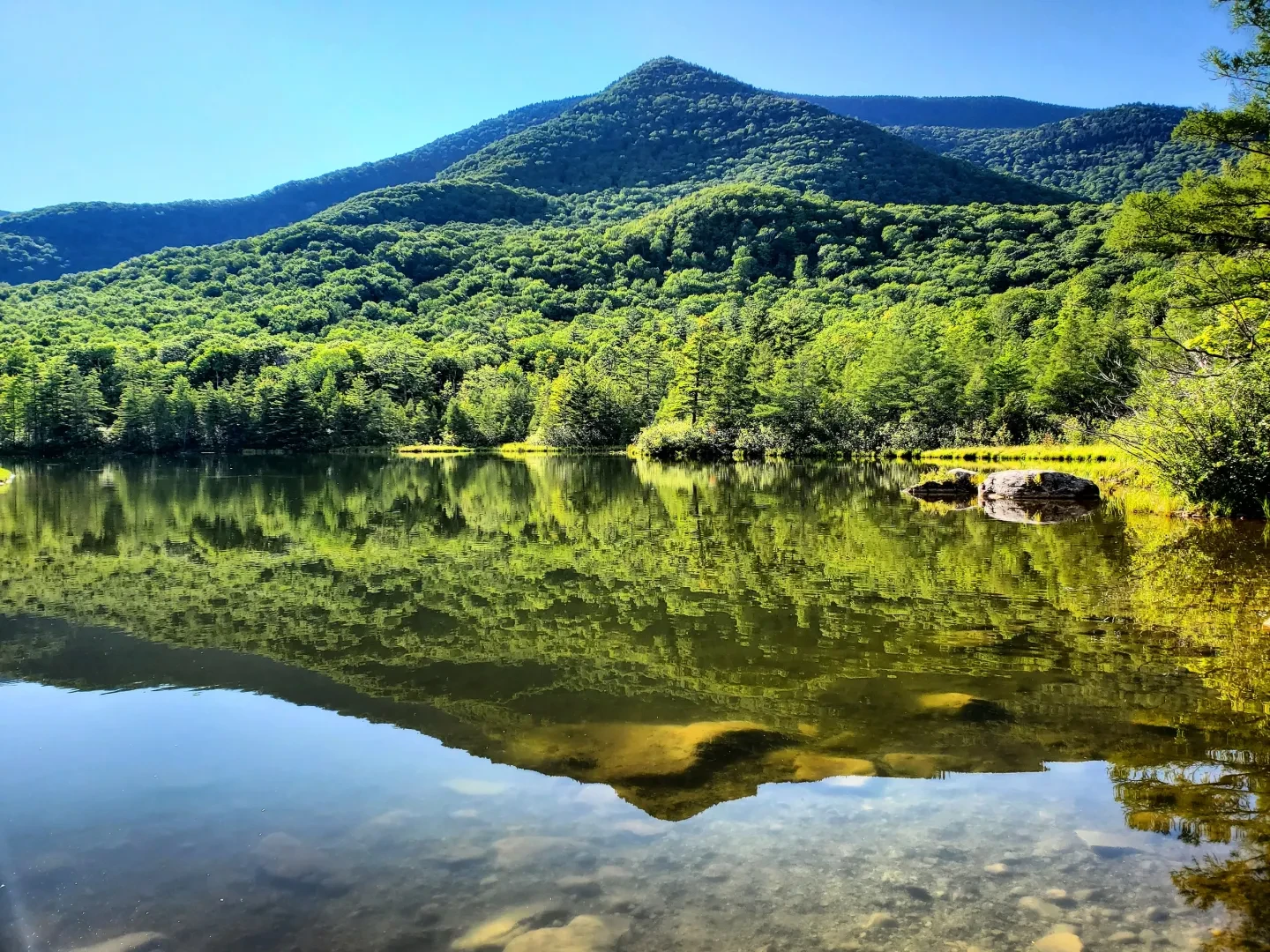 Serene mountain lake reflecting forested hills